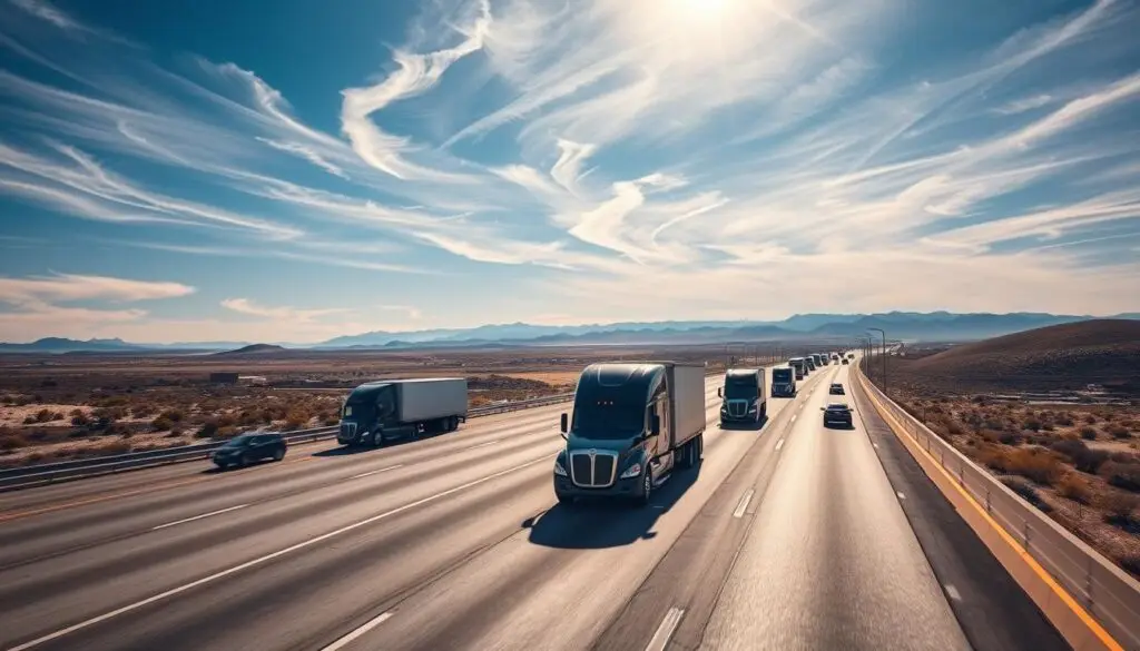 Autonomous freight truck operating on interstate highway between major distribution hubs