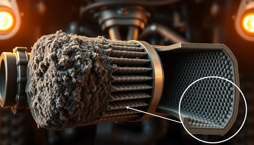 Cross-section of blocked DPF filter showing heavy soot accumulation in channels