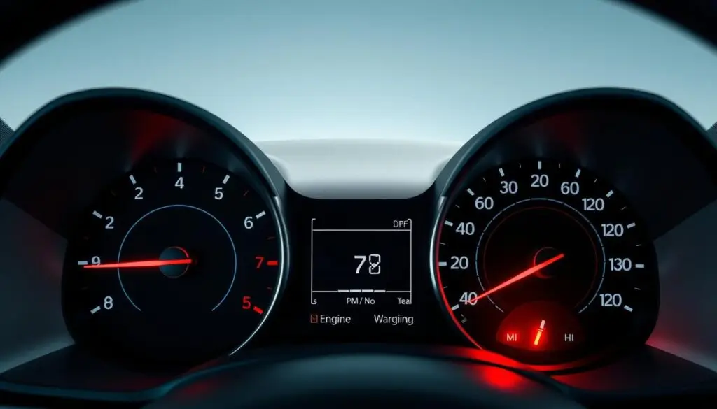 Dashboard warning lights indicating DPF regeneration problems requiring attention