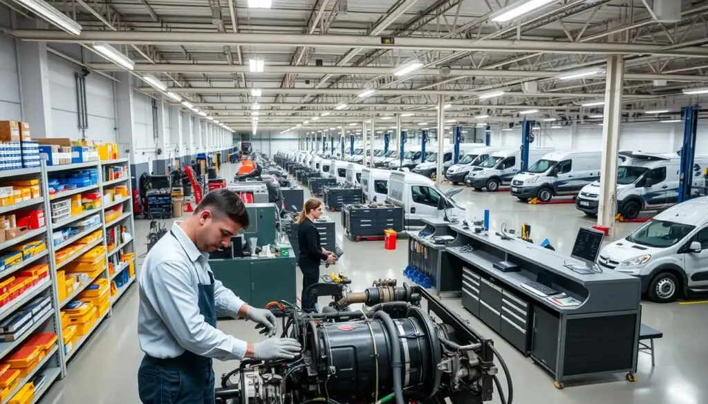 Commercial diesel service bay with technician performing fleet vehicle maintenance