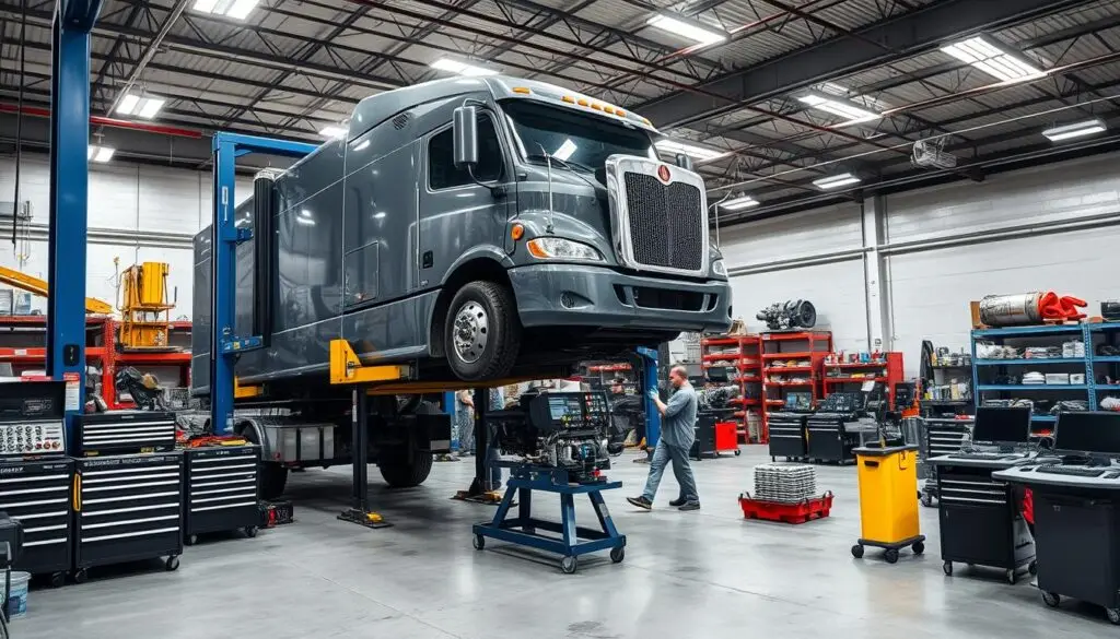 commercial truck repair shop with diagnostic equipment and service bays