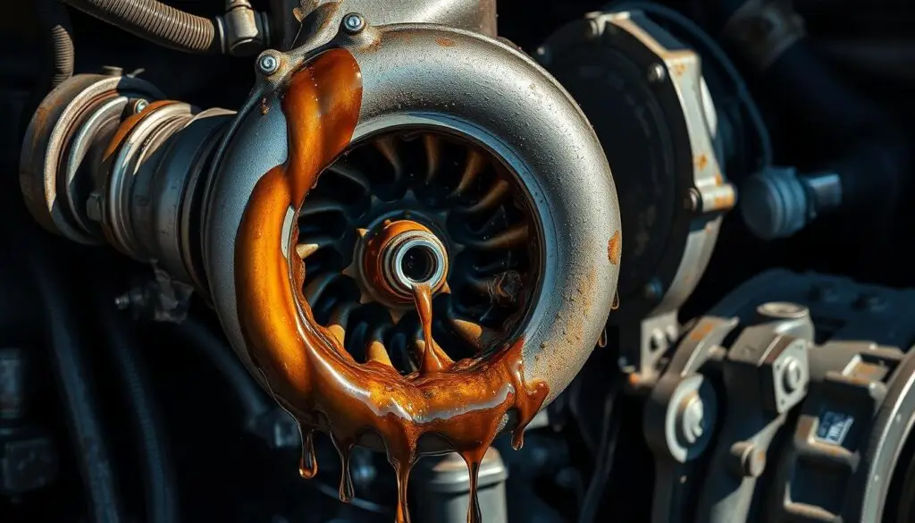 Scored turbocharger bearing surfaces showing damage patterns from contaminated engine oil