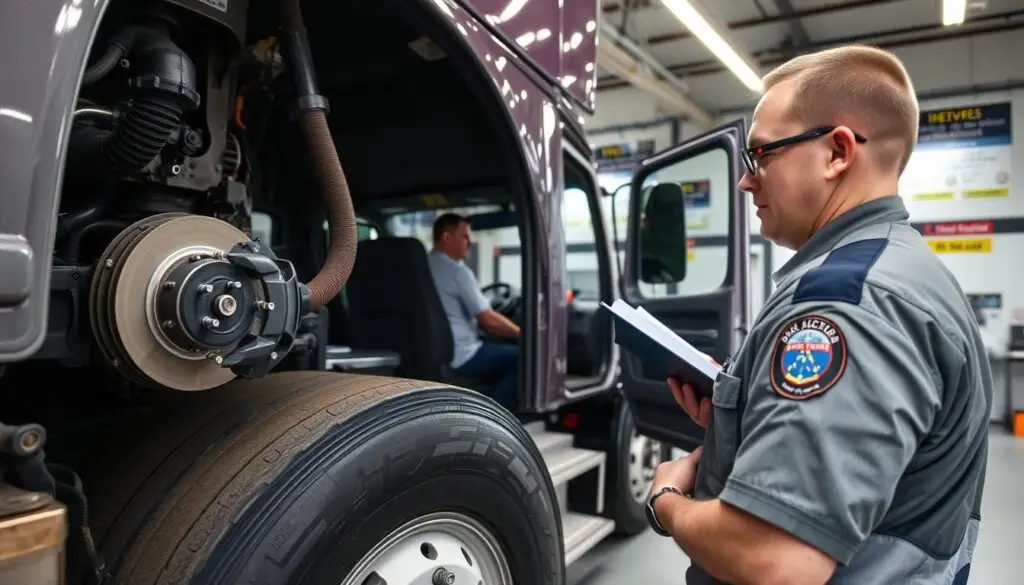 DOT enforcement officer performing comprehensive Level 1 commercial vehicle inspection with driver present at roadside