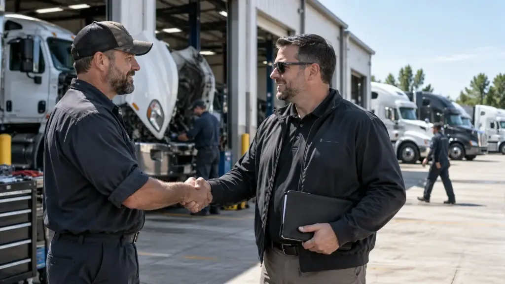 Diesel repair shop professional meeting with a fleet customer outside a commercial truck service facility while technicians service heavy-duty trucks.