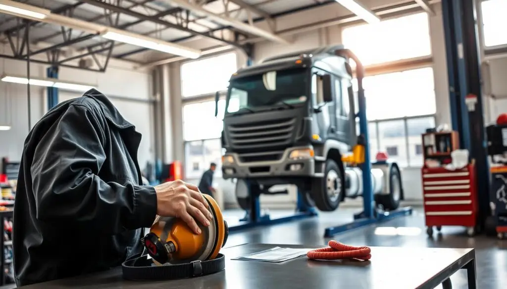 Respiratory protection equipment for diesel exhaust and welding fumes in truck repair shops
