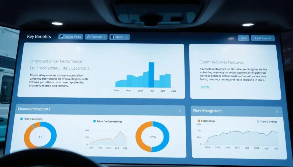 Driver safety analytics dashboard displaying speeding incidents, harsh braking events, acceleration patterns, and accident reduction metrics