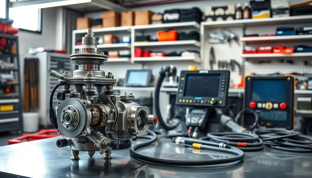 Professional common rail fuel pump testing equipment with high-pressure gauges for diesel diagnosis