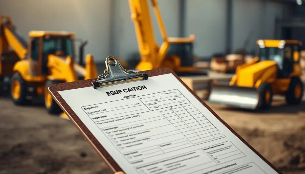 technician completing heavy equipment maintenance checklist on tablet at construction site