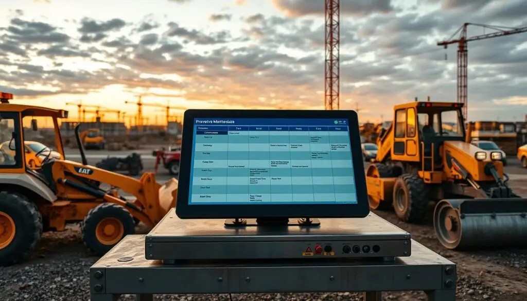 Fleet manager reviewing preventive maintenance schedule and cost analysis documents