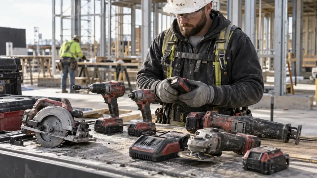 Construction worker inspecting cordless power tools and batteries at an active commercial jobsite with drills, saws, grinders, and other professional contractor equipment.
