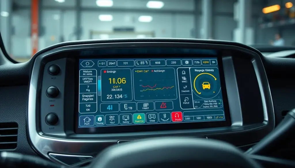 Professional diesel diagnostic scanner displaying engine parameters on touchscreen interface