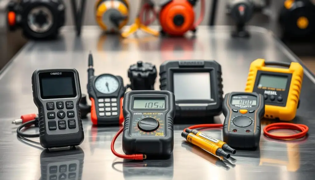 Professional diesel diagnostic scanner connected to heavy-duty truck ECM during troubleshooting