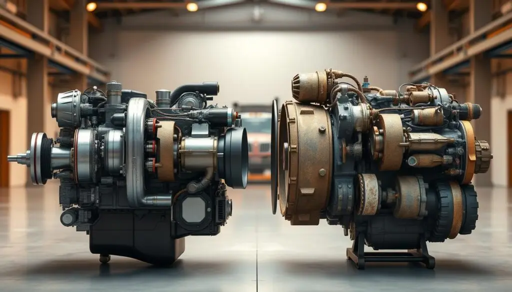 Side-by-side comparison of OEM and aftermarket engine components on workbench