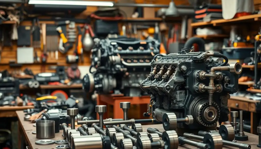 Technician selecting diesel engine components from organized parts inventory system