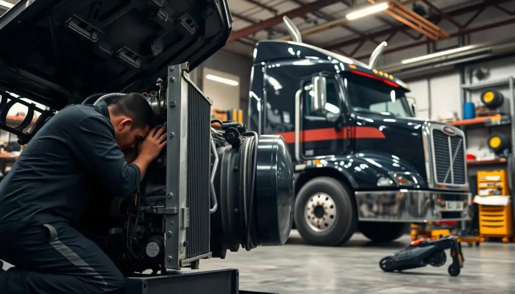 Diesel technician performing engine coolant service on heavy duty truck
