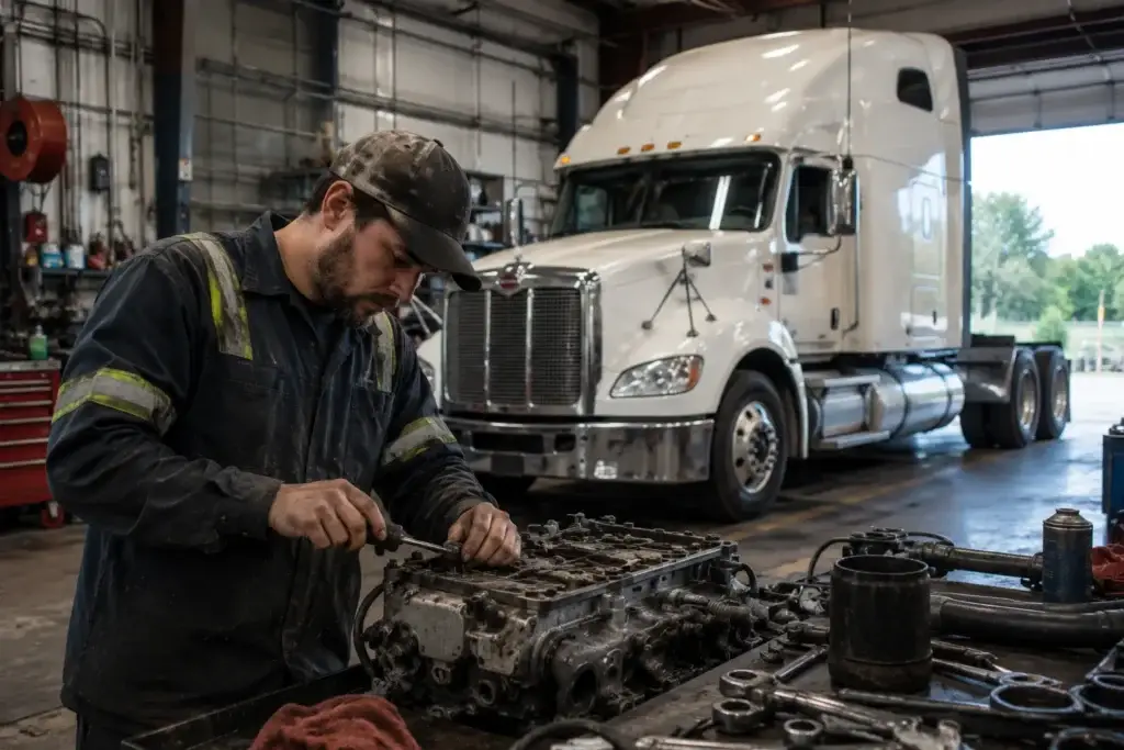 Diesel technician diagnosing an engine component in a heavy-duty repair shop with an American semi truck in the service bay.