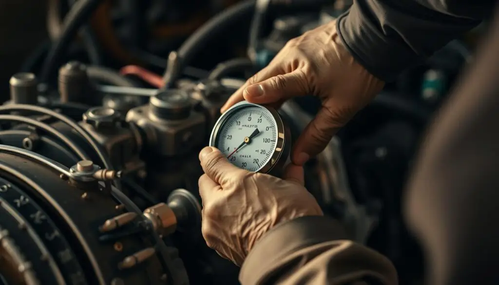 Diesel mechanic performing cylinder compression test to diagnose engine smoking