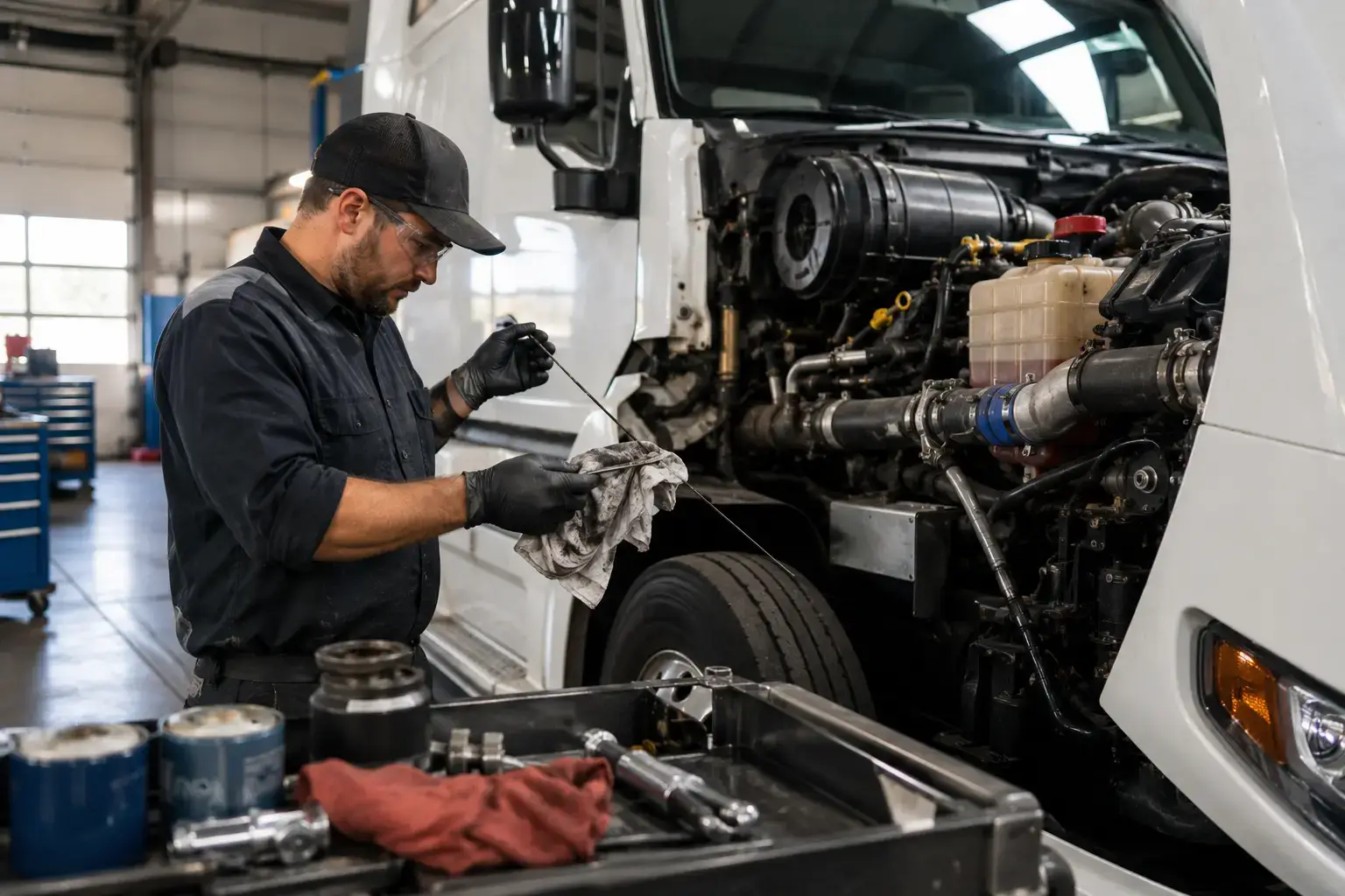Professional diesel technician performing a preventive engine oil inspection on a North American Class 8 semi-truck inside a modern heavy-duty repair shop, illustrating a comprehensive diesel engine maintenance schedule and preventive fleet maintenance practices.
