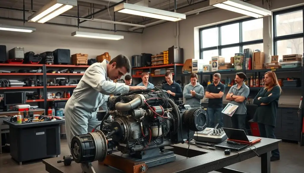 Students learning manufacturer specific diesel engine diagnostics in technical training lab