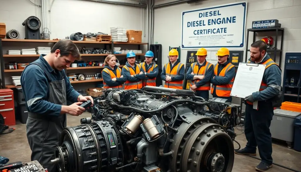 Diesel technician working on heavy duty truck engine during certification training program