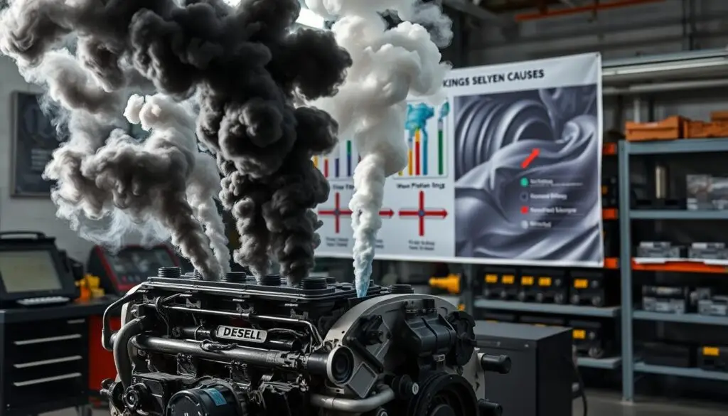 Diesel engine smoking diagnosis showing white, black, and blue exhaust colors