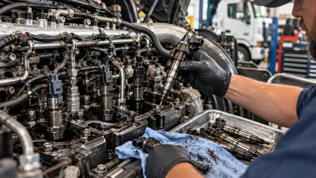 Diesel technician inspecting and removing a fuel injector from a heavy-duty truck engine during diagnosis of common injector problems in a commercial repair shop.