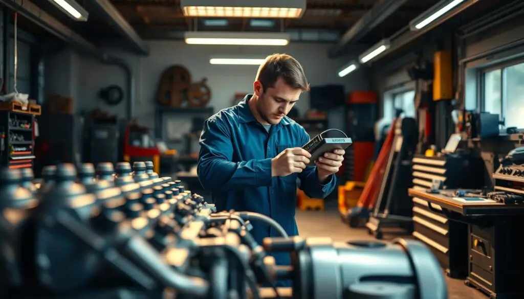 mechanic performing diesel fuel injector diagnostic testing