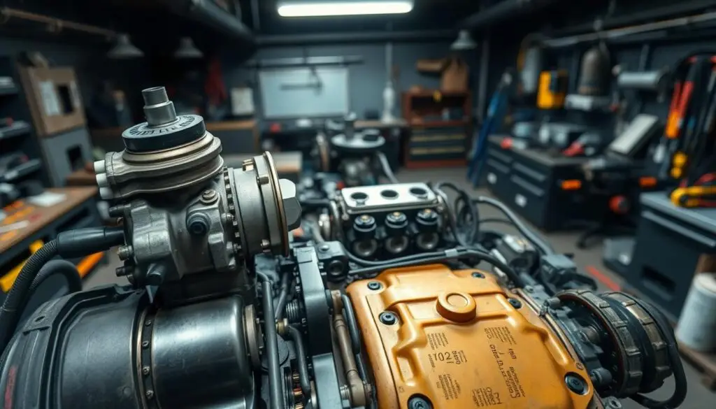 Technician using scan tool to diagnose diesel fuel system problems in commercial truck