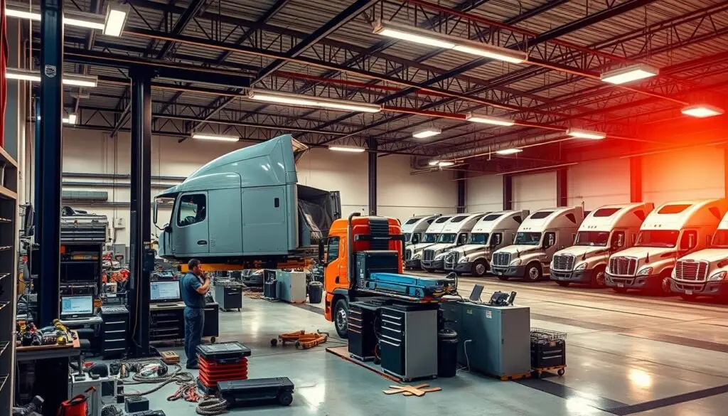 professional diesel garage with heavy-duty lifts and equipment installed