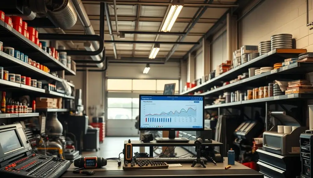 Fleet manager reviewing diesel shop website on laptop showing service capabilities