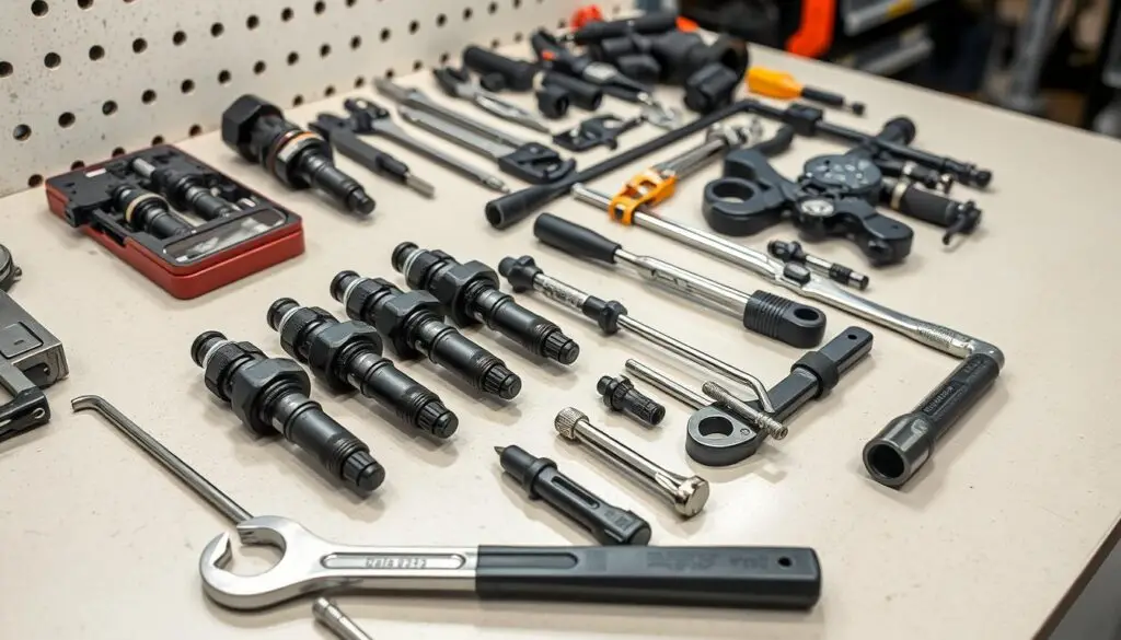 specialized diesel injection pump removal and installation tools on workbench