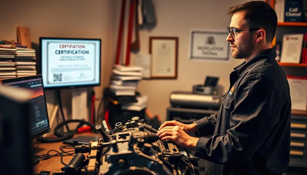 Certified diesel mechanic examining heavy duty truck diagnostic computer for troubleshooting