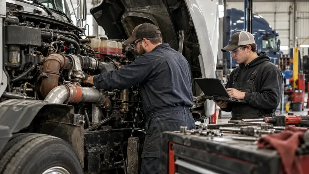 Diesel technicians working on a semi-truck engine in a commercial repair shop, with one mechanic performing hands-on service and another using a diagnostic laptop during technician training and certification work.