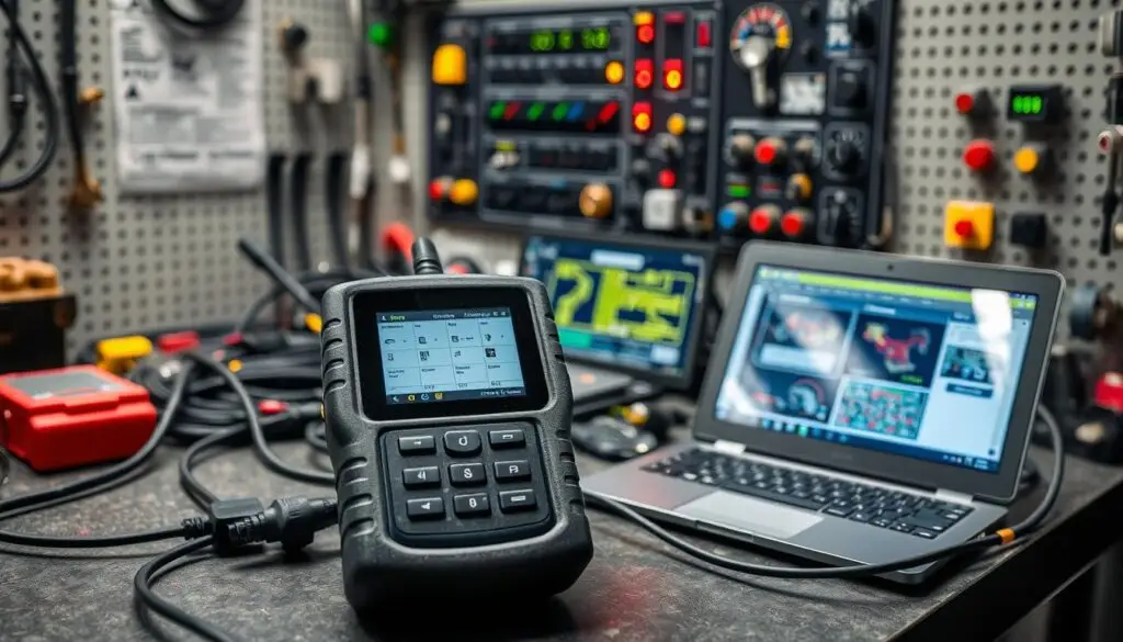 Diesel mechanic using diagnostic equipment to scan truck engine systems