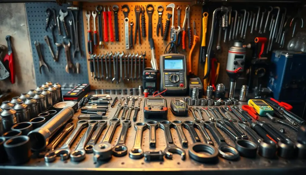 organized diesel mechanic toolbox with labeled drawers and socket sets