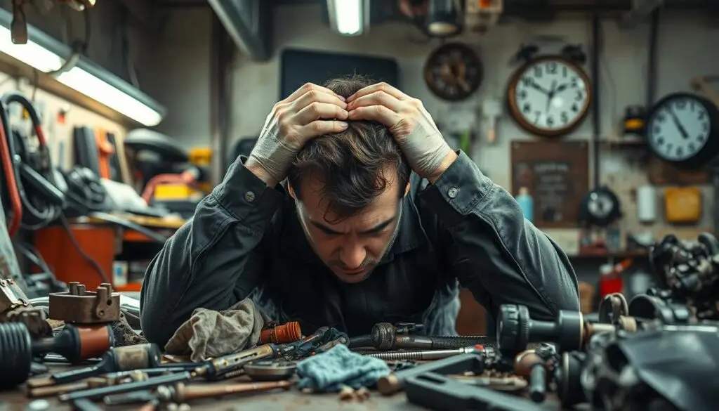 diesel mechanic workplace stress effects showing impact on performance and safety in repair shop