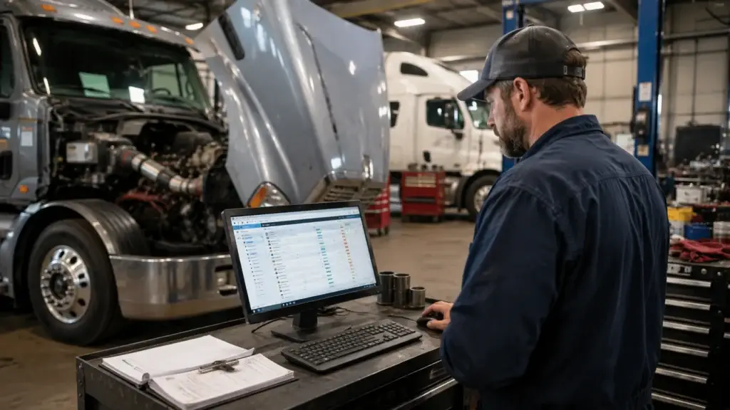 Diesel technician using shop management software while servicing a heavy-duty commercial truck in a repair facility.