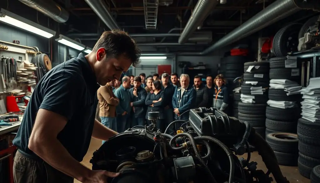 diesel shop challenges showing technician working under time pressure with complex diagnostic equipment