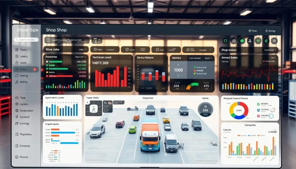 diesel shop management software real-time visibility dashboard showing bay status and technician assignments