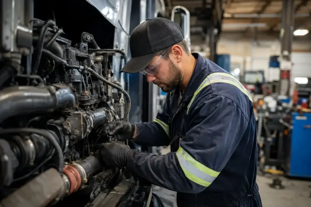 Diesel technician working on a heavy-duty truck engine in a professional repair shop, representing diesel technician salary, experience, and ASE certification.
