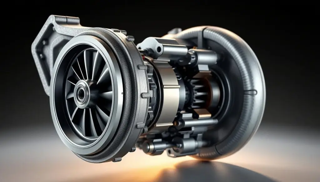 Heavy-duty diesel turbocharger cutaway showing turbine shaft bearings, compressor wheel, and center housing components