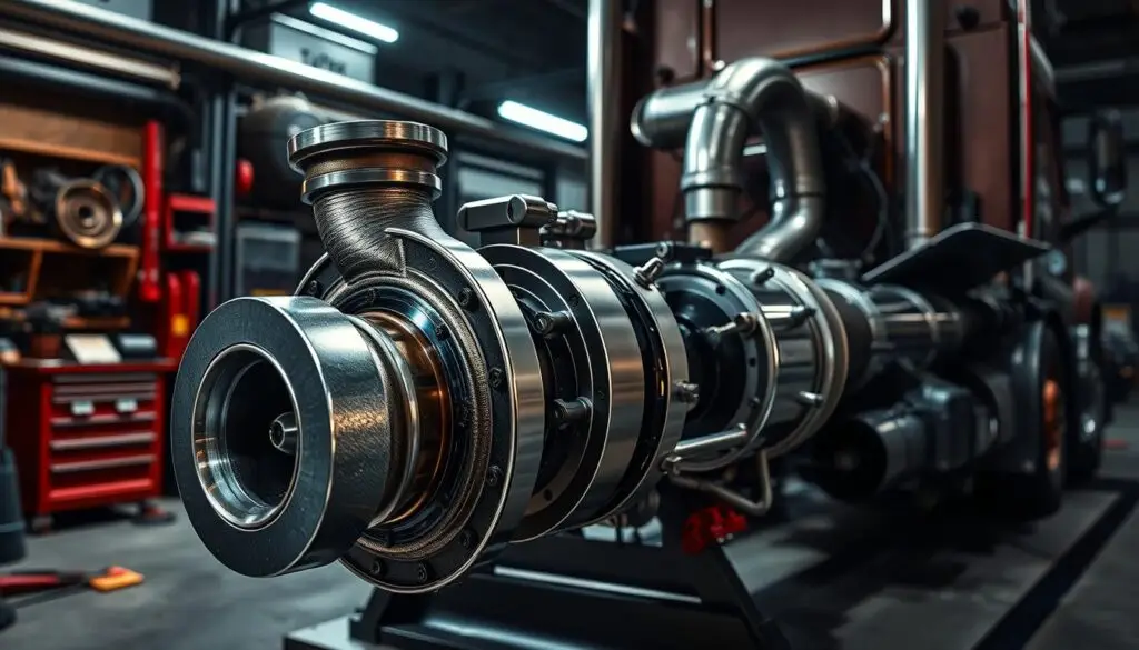 Heavy-duty diesel turbocharger exhaust side showing turbine housing and exhaust manifold connection