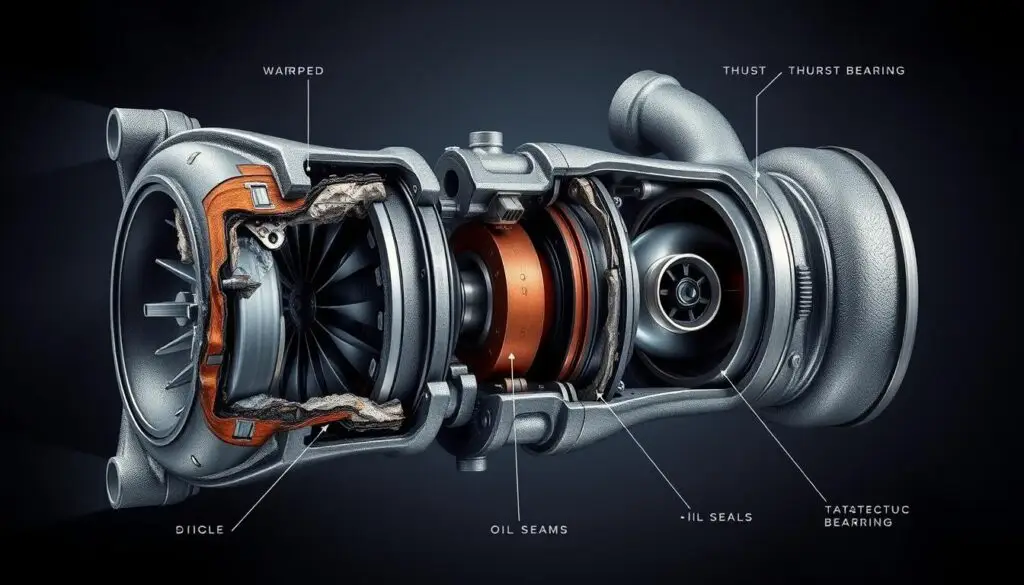 Diesel turbocharger turbine wheel showing blade damage from overspeeding conditions