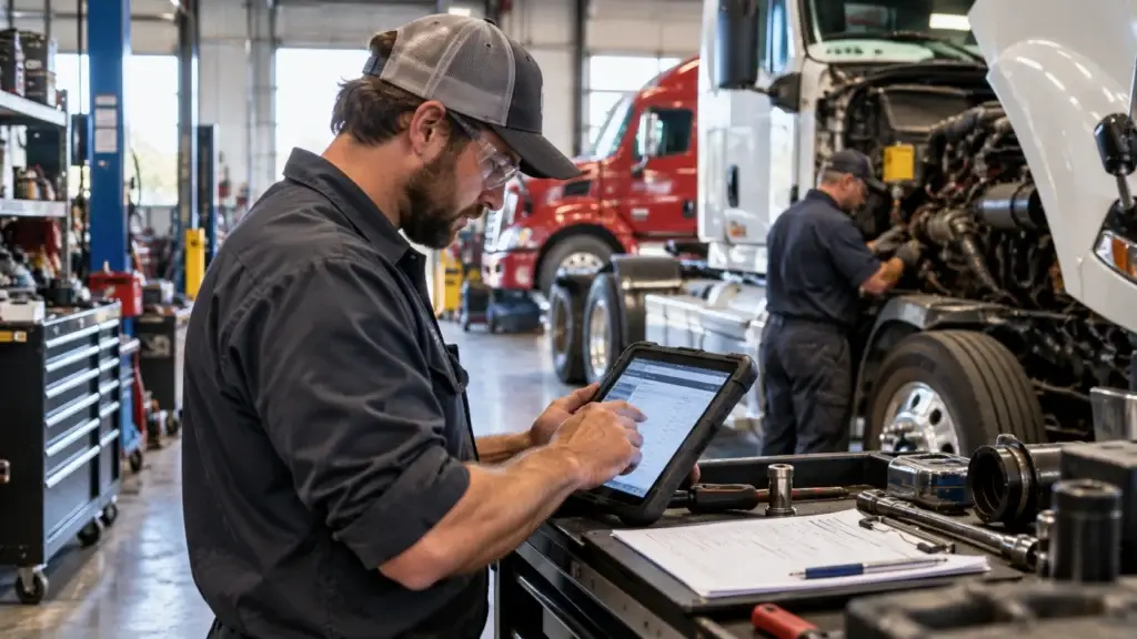 - Diesel technician using a rugged tablet to complete a digital work order beside a Class 8 truck being serviced in a heavy-duty repair shop.