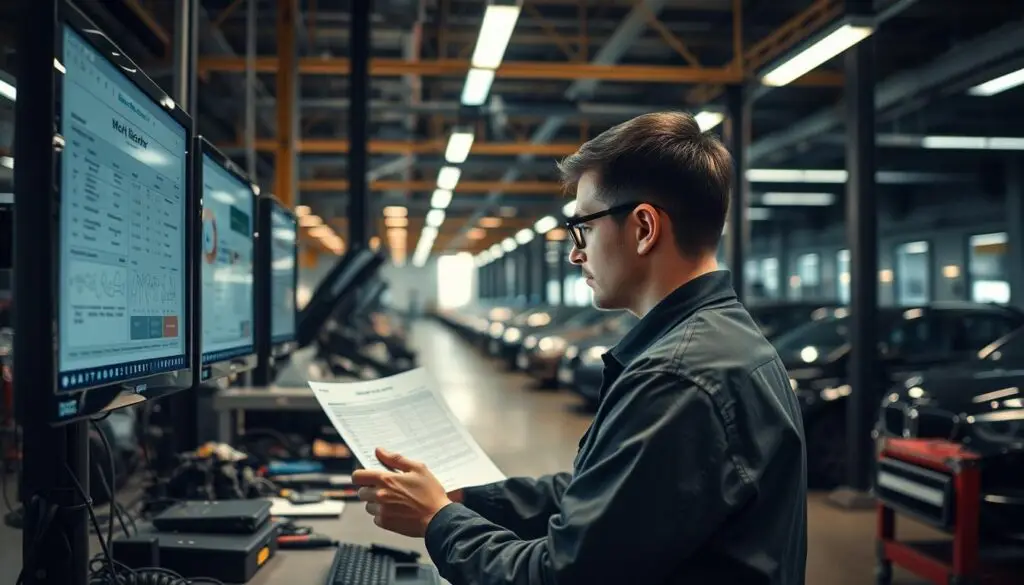 Mechanic using tablet for digital work order documentation in modern automotive repair facility