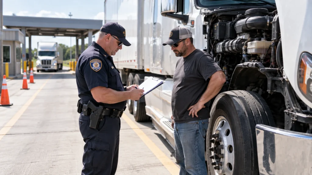 DOT roadside inspector reviewing a commercial truck with the driver during a safety inspection at a weigh station.