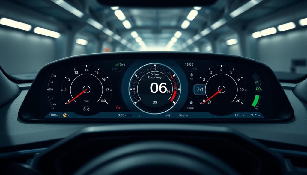 Driver coaching dashboard showing fuel efficiency scores and behavioral improvement trends