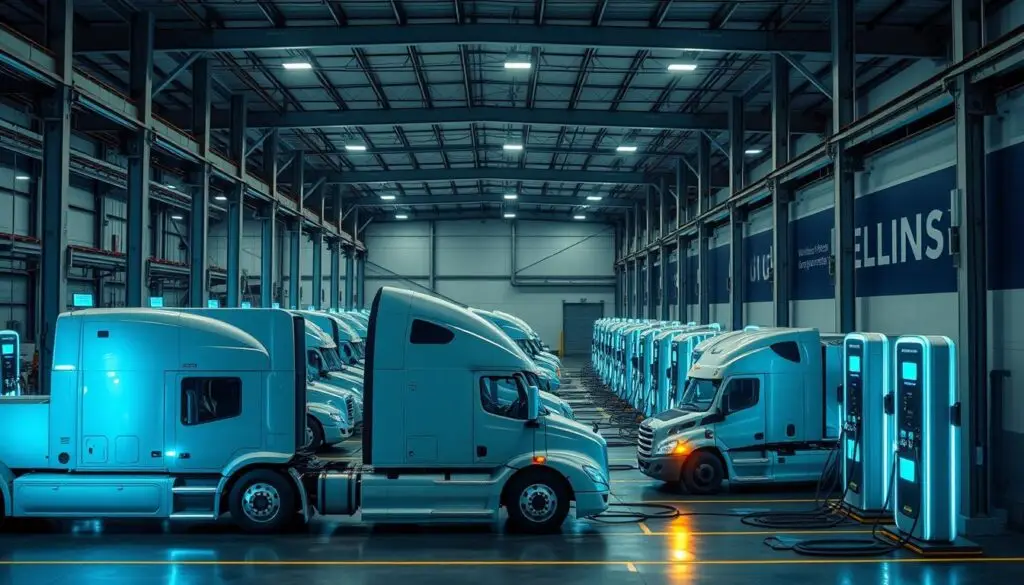 Electric heavy duty vehicles at modern charging infrastructure facility showing commercial fleet electrification