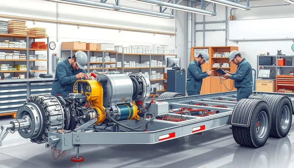 Technician inspecting electric landing gear motor housing and electrical connections on semi-trailer