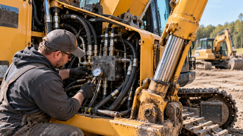 Heavy equipment technician testing an excavator hydraulic system with a pressure gauge while inspecting hoses, fittings, valve blocks, and hydraulic cylinders at a construction site.